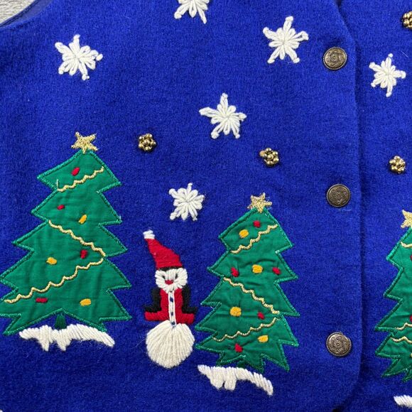 Vintage Women Christmas Vest Wool Embroidered Snowman Tree Y2K 90s Blue Med J111 - Picture 2 of 8